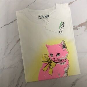 Ganni White Kitten Graphic Tee | Retro-inspired cute casual Top size Medium